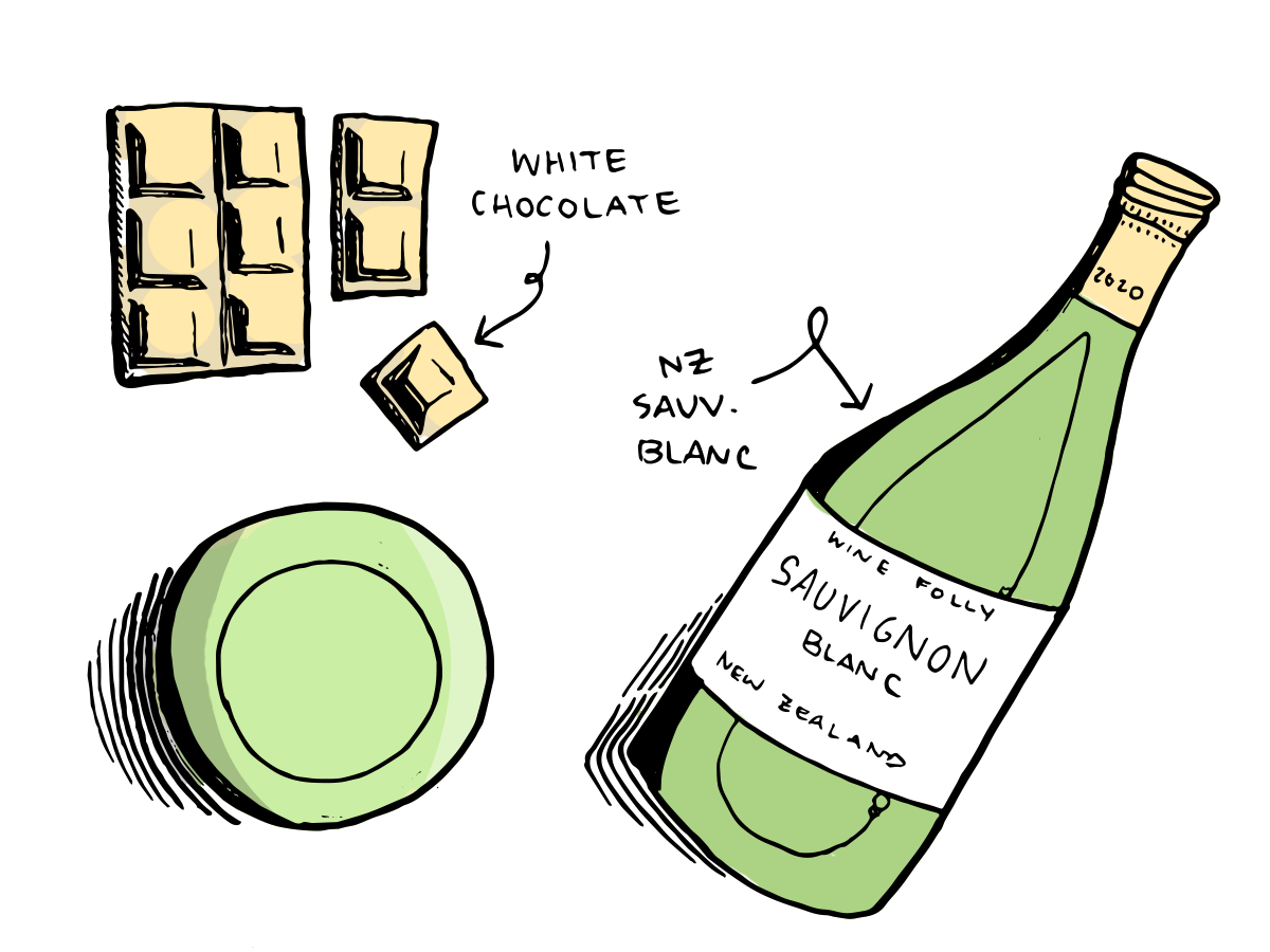 Naujosios Zelandijos „Sauvignon Blanc“ vynas ir baltasis šokoladas