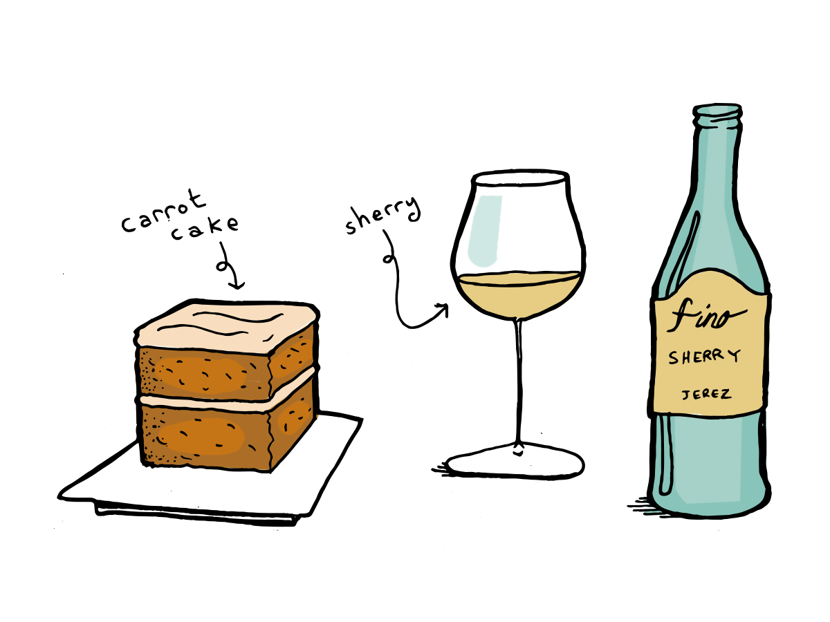 fino sherry vino in korenčkova torta sladica parjenje