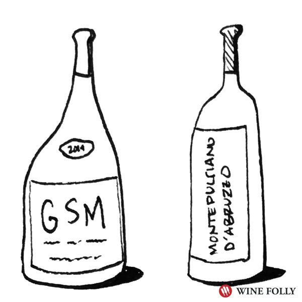 Ilustracija steklenice GSM Montepulciano vinska neumnost
