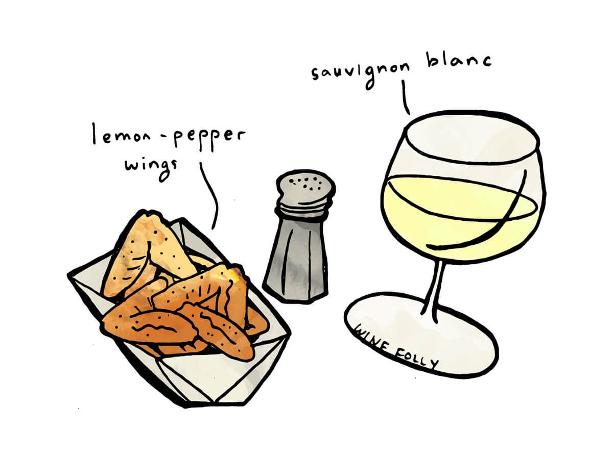 Sauvignon blanc français accompagné de poulet au citron et au poivre - illustration par Wine Folly