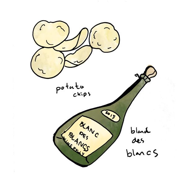 bulvių traškučiai-bulvytės-putojantis vynas-šampanas