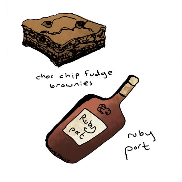 šokolado-traškučių-fudge-brownies ir rubino-portveino