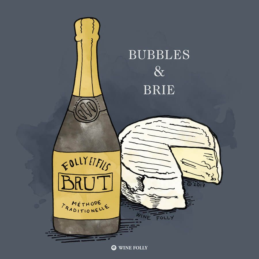 šampanas-brie-sūris-poravimas-iliustracija