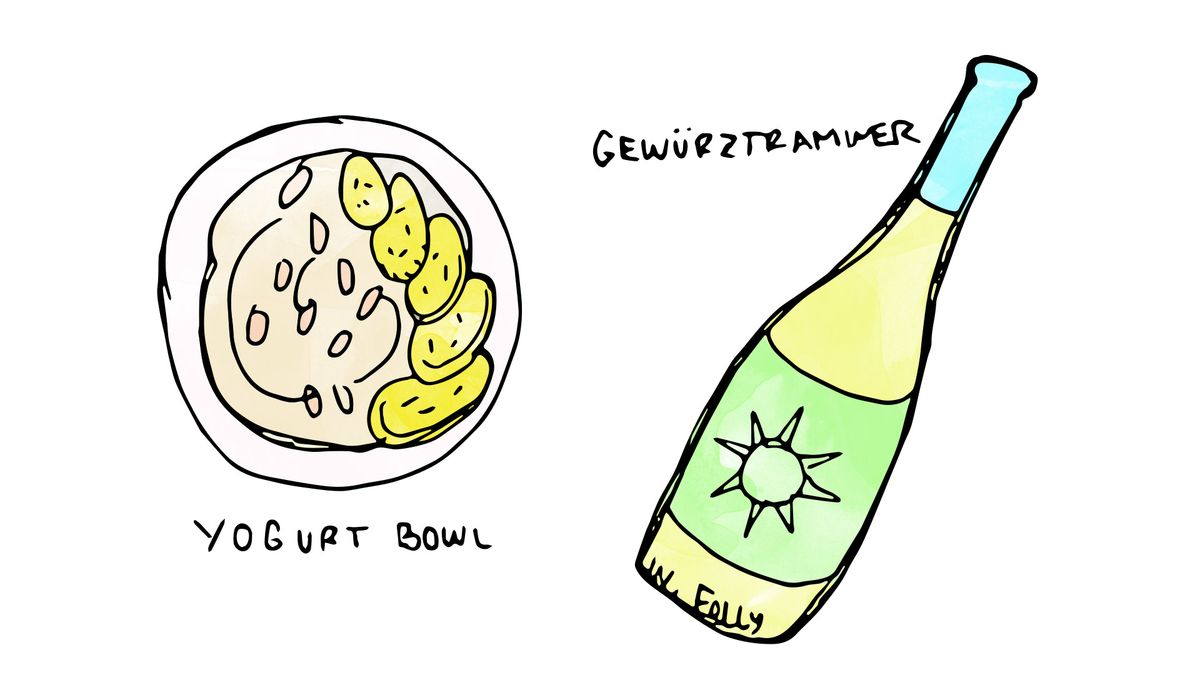 jogurto dubenėlio vyno derinimas su „gewurztraminer“ iliustracija „Wine Folly“