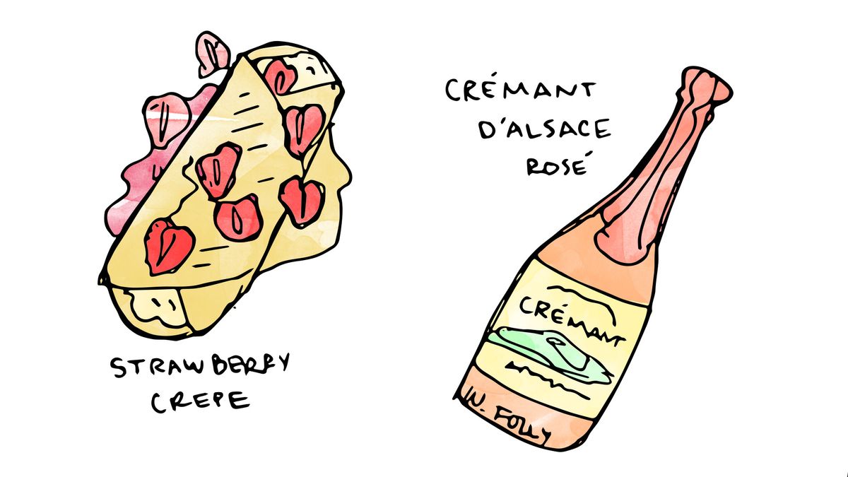 Braškių ir rikotos krepinio vyno derinimas su „Cremant d Elsace“ rožių iliustracija „Wine Folly“