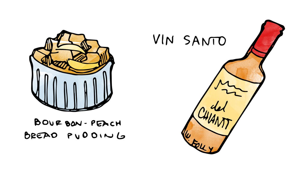 Pudding au pain au bourbon aux pêches et vin avec illustration de Vin Santo par Wine Folly