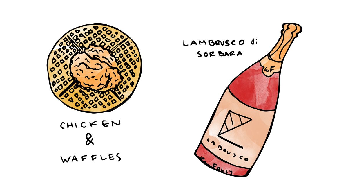 Vin de poulet et gaufres avec illustration de Lambrusco di Sorbara par Wine Folly