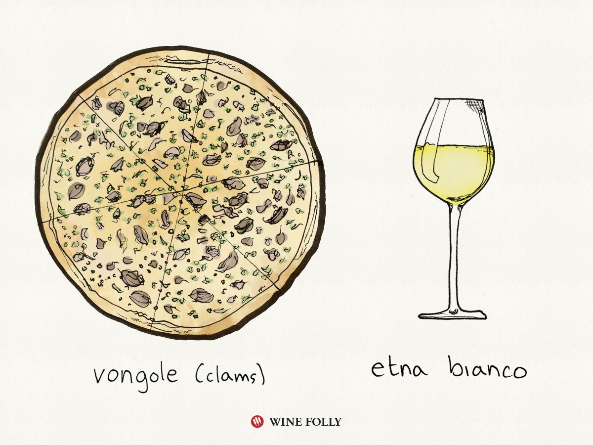 Pizza aux palourdes (vongole) et accord vin avec vin sicilien: Etna Bianco Superiore