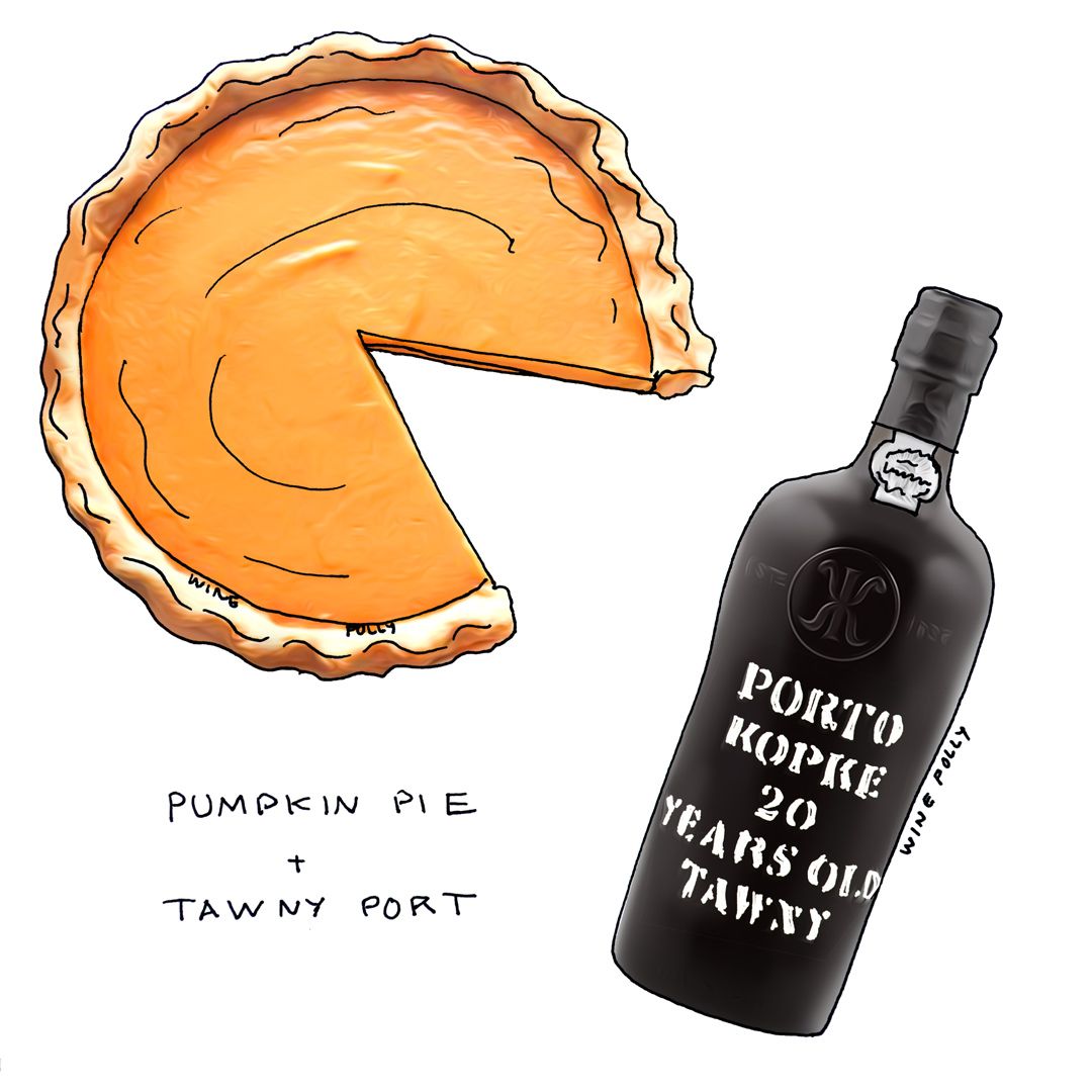 Bánh bí ngô và rượu kết hợp với hình minh họa Cảng màu đỏ 20 năm của Wine Folly
