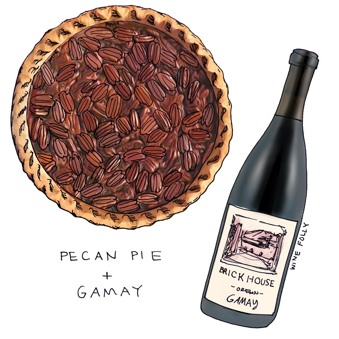 Pecan Pie và rượu kết hợp với Gamay Noir minh họa bởi Wine Folly