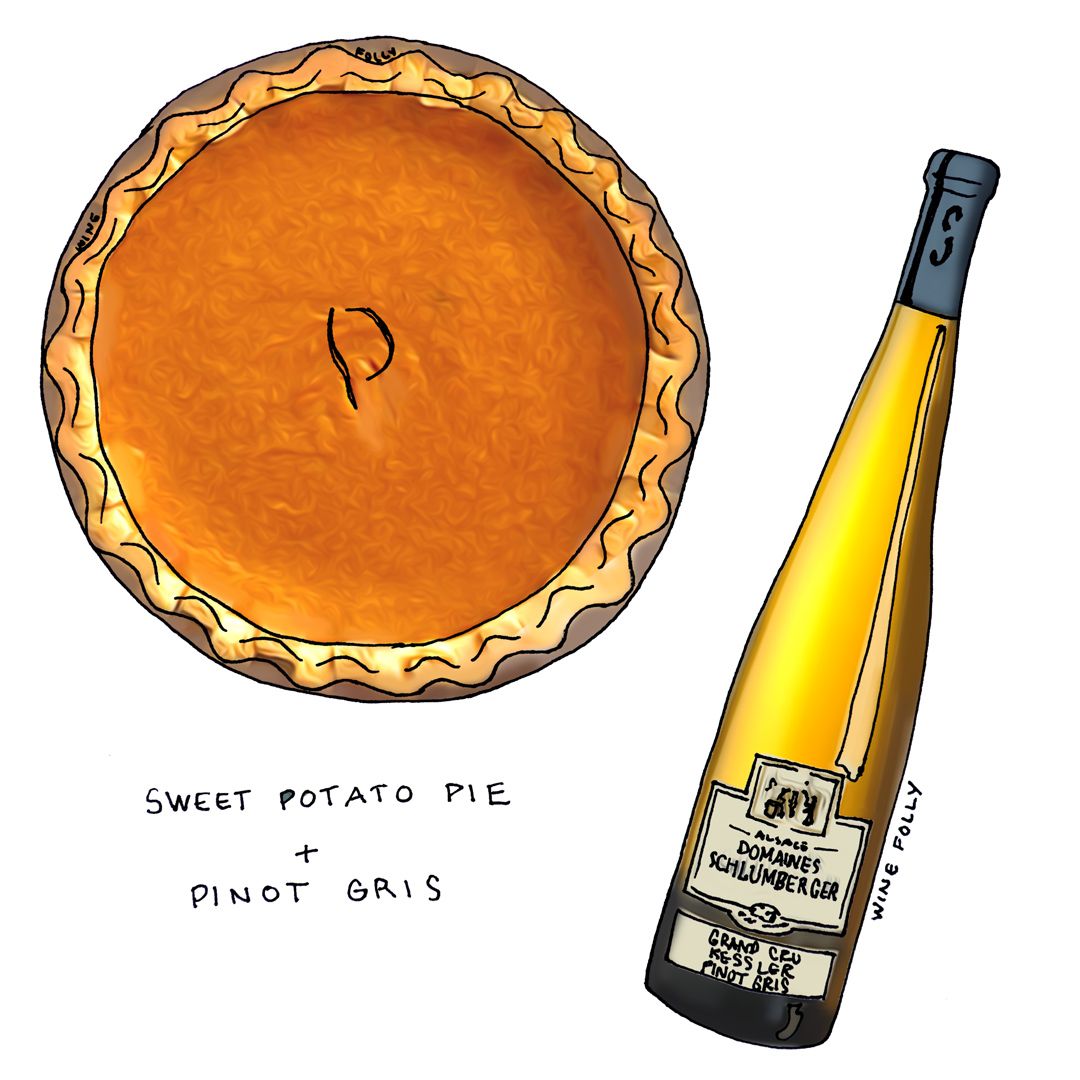 Bánh khoai lang và rượu kết hợp với Alsace Pinot Gris Minh họa bởi Wine Folly