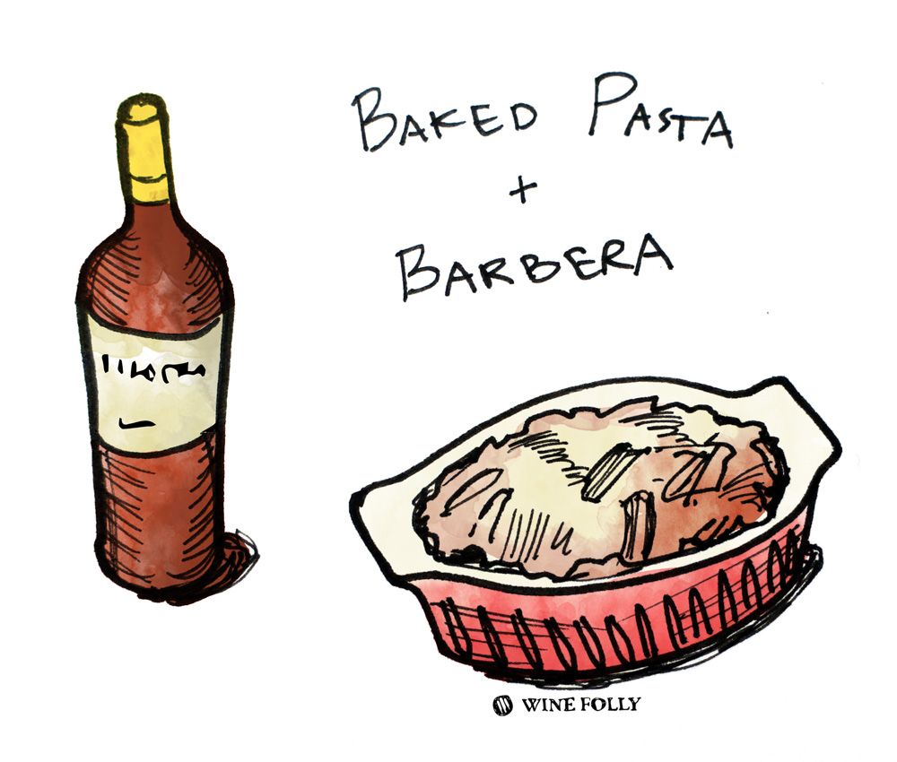 Iškepta makaronų ir „Barbera“ vyno poravimo iliustracija „Wine Folly“
