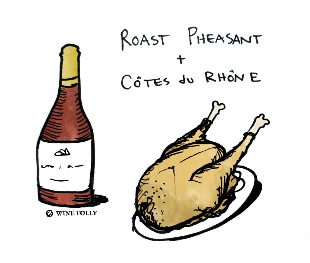 Skrudinto fazano ir „Cotes du Rhone“ vyno poravimo iliustracija „Wine Folly“