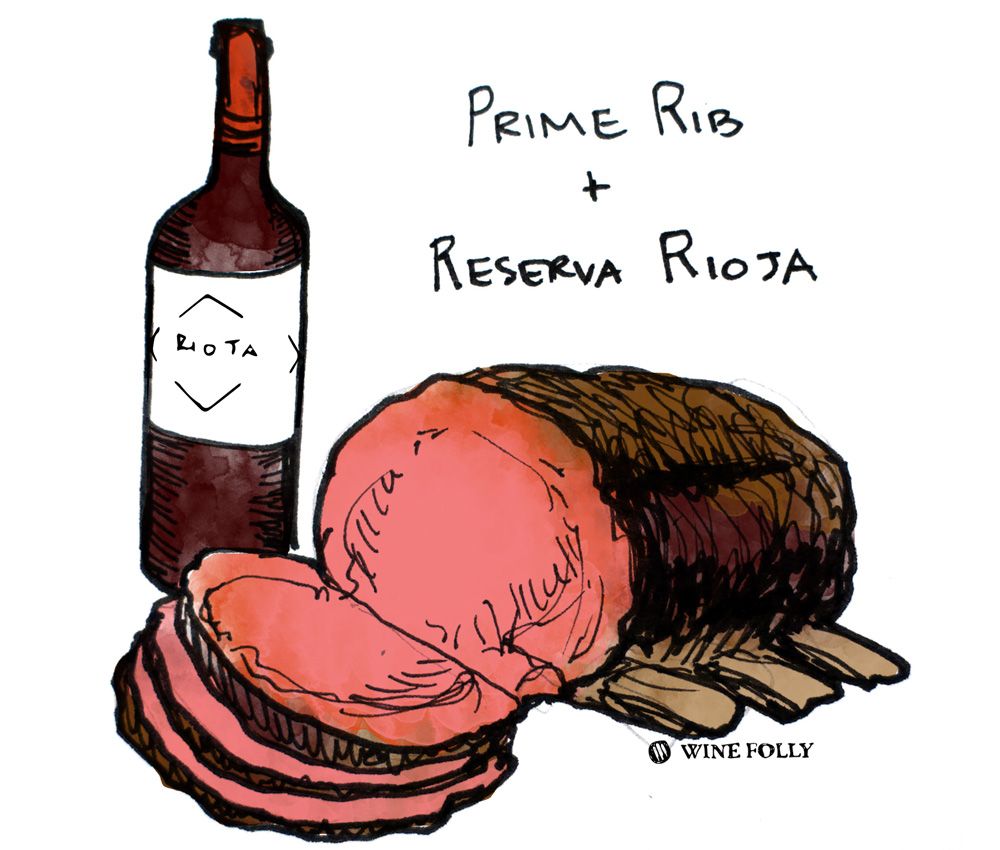 „Wine Folly“ „Prime Rib“ ir „Reserva Rioja“ vyno poravimo iliustracija