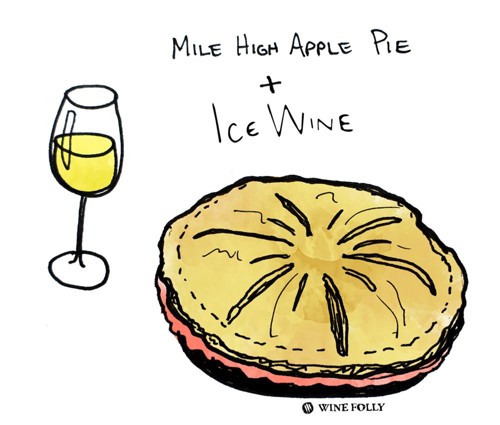Obuolių pyrago ir ledinio vyno poravimo iliustracija „Wine Folly“