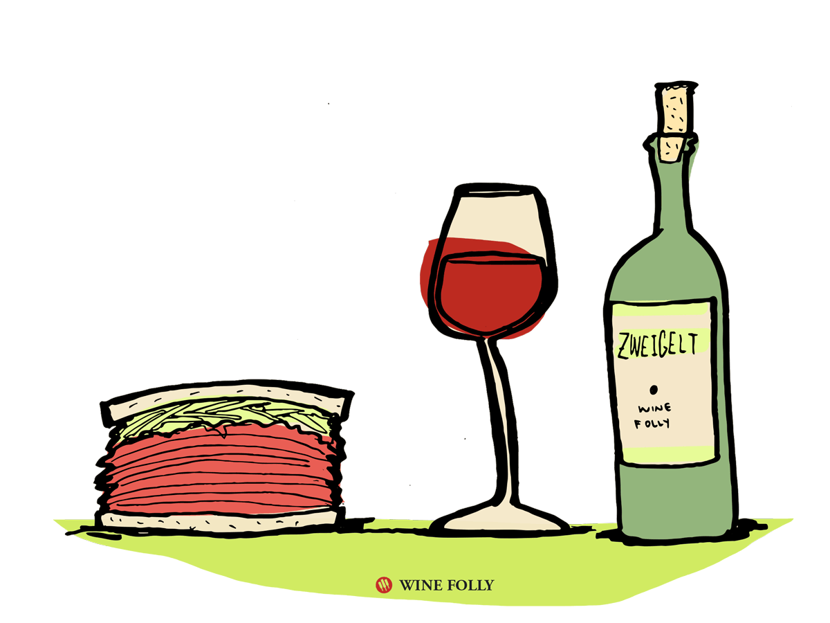 Rượu vang Reuben Sandwich kết hợp với rượu vang đỏ Zesty ướp lạnh Zweigelt