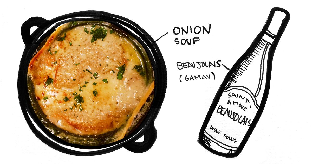 prancūzų-svogūnų-sriubos-beaujolais-poravimo-vyno-folijos-iliustracija